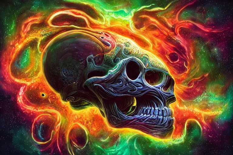 Image similar to a giant skull with deep and intricate rune carvings and glowing eyes with thick lovecraftian tentacles emerging from a space nebula by dan mumford, twirling smoke trail, a twisting vortex of dying galaxies, digital art, photorealistic, vivid colors, highly detailed, intricate