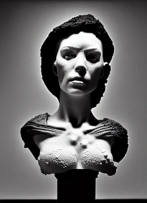 Image similar to a young female cyborg bust made of ice and concrete, dramatic, ilford hp 5, closeup - view, f / 2. 8, high contrast, 1 6 k, fluorescent lamp, contre - jour, insanely detailed and intricate, hypermaximalist, elegant, ornate, hyper realistic, super detailed