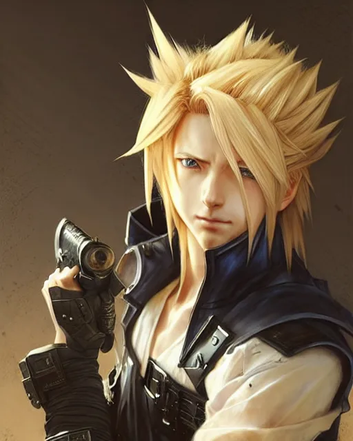 Prompt: cloud strife at starbucks, fantasy character portrait, ultra realistic, anime key visual, full body concept art, intricate details, highly detailed by greg rutkowski, ilya kuvshinov, gaston bussiere, craig mullins, simon bisley