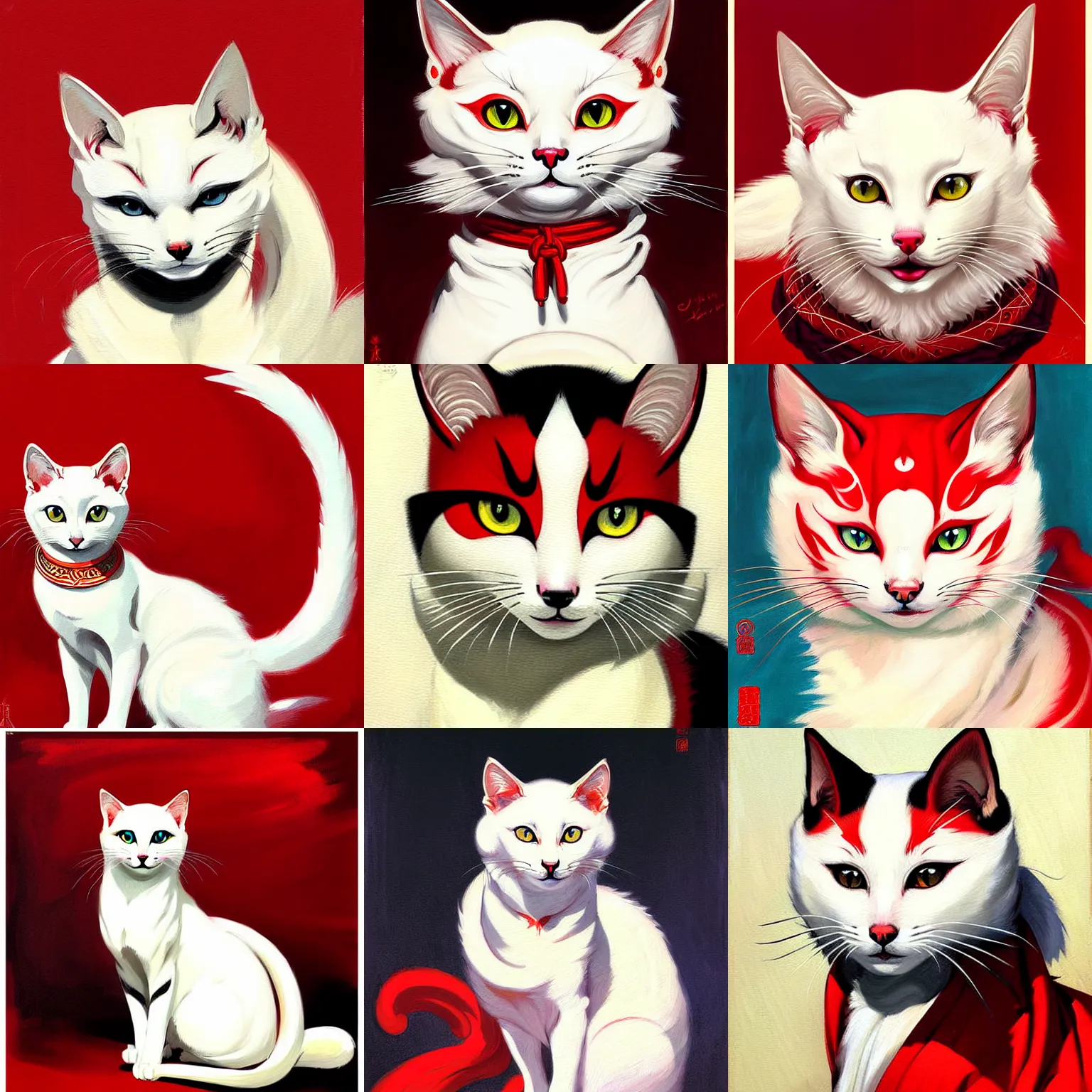 Image similar to painting of a cute white ( okami style ) ( ( kitsune ) ) cat with red patterns, plain white background, no people, art by jc leyendecker, phil hale, angular, brush strokes, painterly, crisp, portrait of a cat, cat portrait painting