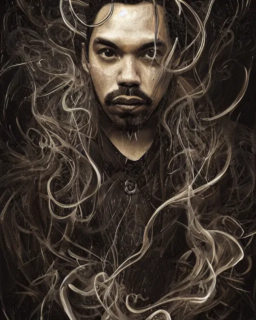 Image similar to a highly detailed portrait of carlos valdes radiating a powerful energy aura, ornate black tuxedo, clean - shaven!!!!!!!!!!!!!!, wispy tendrils of smoke, intricate, digital painting, old english, raining, sepia, particles floating, whimsical background by marc simonetti, artwork by liam wong