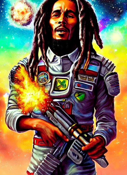 Image similar to bob marley as a space soldier, in front of exploding nebulae, digital illustration trending on artstation by artgerm and rutkowski