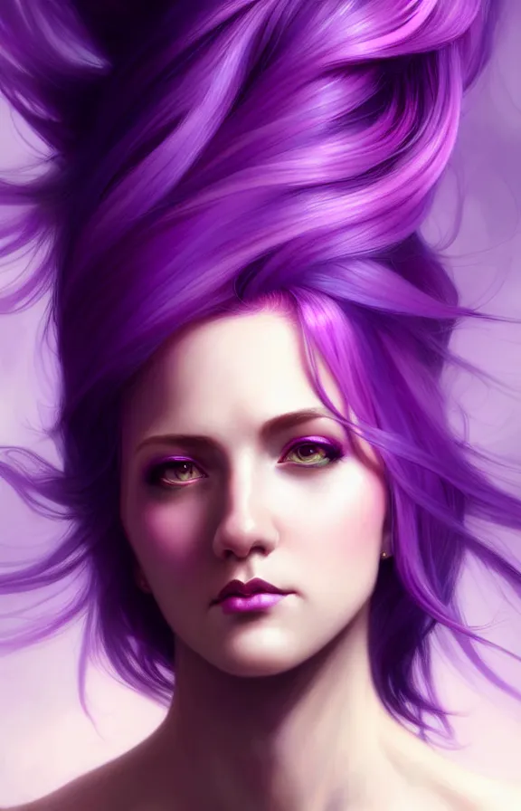Prompt: Purple hair relistic Portrait of a woman with bright colored flying hair, all shades of purple. Beauty face, Hair coloring, fantasy, intricate, elegant, highly detailed, photorealistic, artstation, concept art, smooth, sharp focus, illustration, art by artgerm and greg rutkowski and alphonse mucha