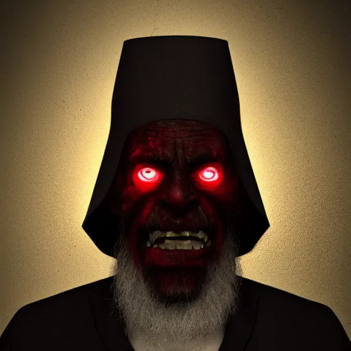 Prompt: A portrait of a Rabbi that the devil looking at the camera in anger, satan, dark, ominous, haunting, sinister, close-up, studio lighting, realism, 8k, 3D render, octane 3D, maya, cinema 4D, Blender, red lighting, scary, horror, dark,