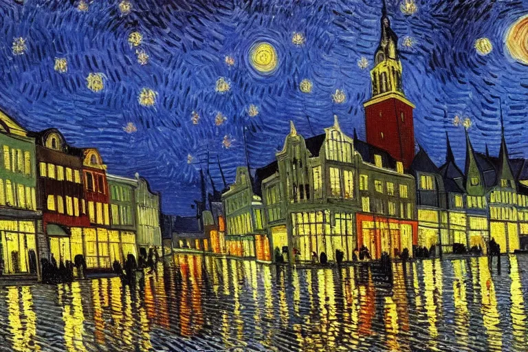 Prompt: oil painting of modern Eindhoven city by night, painted by Vincent van Gogh