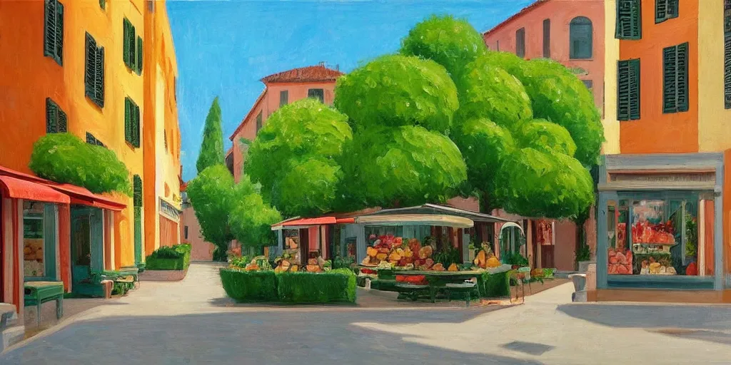 Image similar to calm italian street with green trees and icecream shop in the style of Edward Hopper