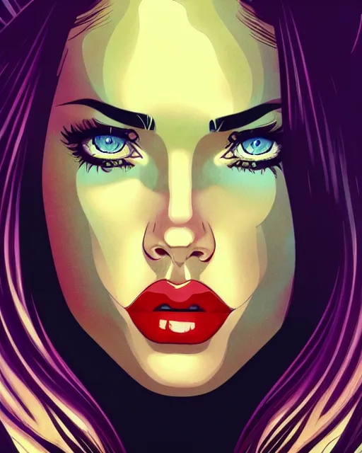 Image similar to low angle closeup beautiful very seductive megan fox retro scifi goddess pinup, action glamour pose, windblown dark hair, hyper detailed, digital art, studio lighting, smooth, ambient lighting, sharp focus, frank miller, wlop, anna dittmann, moebius!, alphonse mucha, patrick nagle!!, rim lighting, synthwave