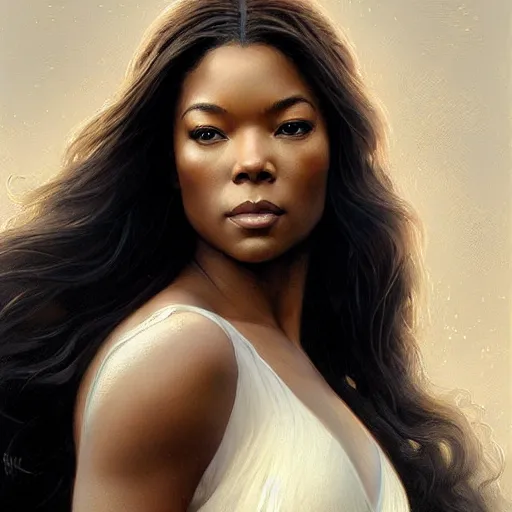 Image similar to beautiful striking Pre-Raphaelite Gabrielle Union by Artgerm and Greg Rutkowski, pale, intricate, elegant, highly detailed, digital painting