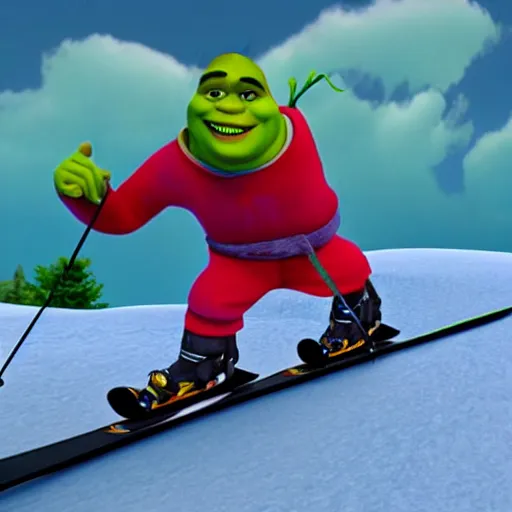 Prompt: shrek skiing, smiling, full body shot, cinematic lighting, studio quality