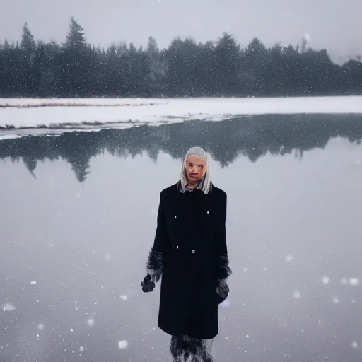 Prompt: a tall white girl with black hair and bangs wearing a black winter coat photographed in front of a frozen lake in Denmark, foggy blue weather, hd, 8k,