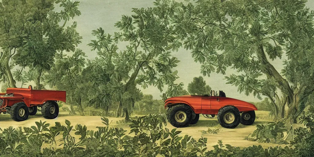 Image similar to Monster truck, plain white background, green leaves and trees, naturalistic, in the style of birds of america, painting by john james audubon