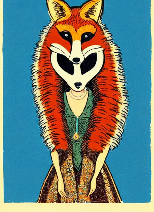 Image similar to an extreme close - up low angle portrait of the young extravagantly dressed queen in a fox mask in a scenic representation of mother nature and the meaning of life by billy childish, thick visible brush strokes, shadowy landscape painting in the background by beal gifford, vintage postcard illustration, minimalist cover art by mitchell hooks