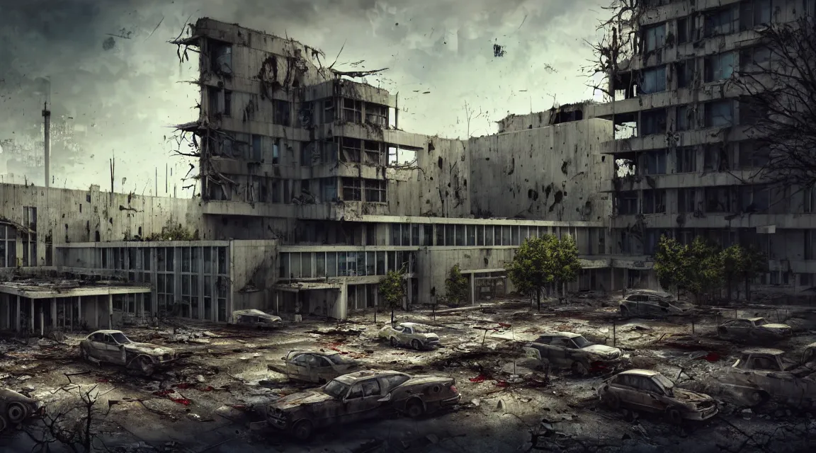 Image similar to post apocalyptic hospital building, people fighting, morning, building, avenue, modern contemporary urban americana concrete architecture, by pascal blanche, neil blevins, apocalyptic color palette, trending on artstation, photorealistic, wilderness ambiance, ultra detailed, high definition, depth of field, bokeh, rubble, wild vegetation, blood stains, building crumbling