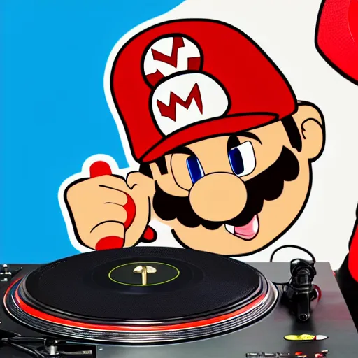 Image similar to svg sticker of a Pop-Wonder SuperMario, Mario-Wearing-a-red-hat, at a rave, spinning records, giant headphones rocking out, wearing headphones, huge speakers, dancing, rave, DJ, spinning records, digital art, amazing composition, rule-of-thirds, award-winning, trending on artstation, featured on deviantart