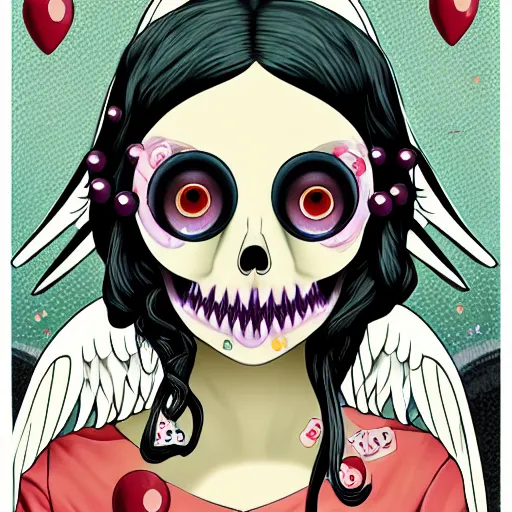 Image similar to portrait of a anime angel happy smiley girl skull face with bubbles in background detailed highres 4k by Trevor Brown pop art nouveau