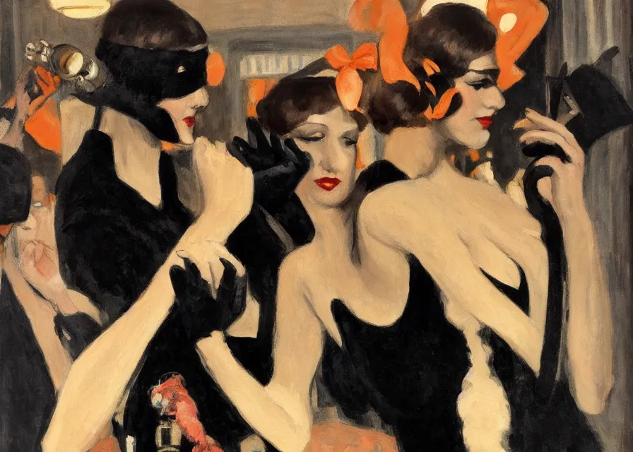 Prompt: a 1 9 2 0 s flapper woman reaching her hand in black satin gloves toward the camera, as a jazz party with people dancing is happening behind her in a dimly lit speakeasy, circa 1 9 2 4, painting in the style of edward hopper