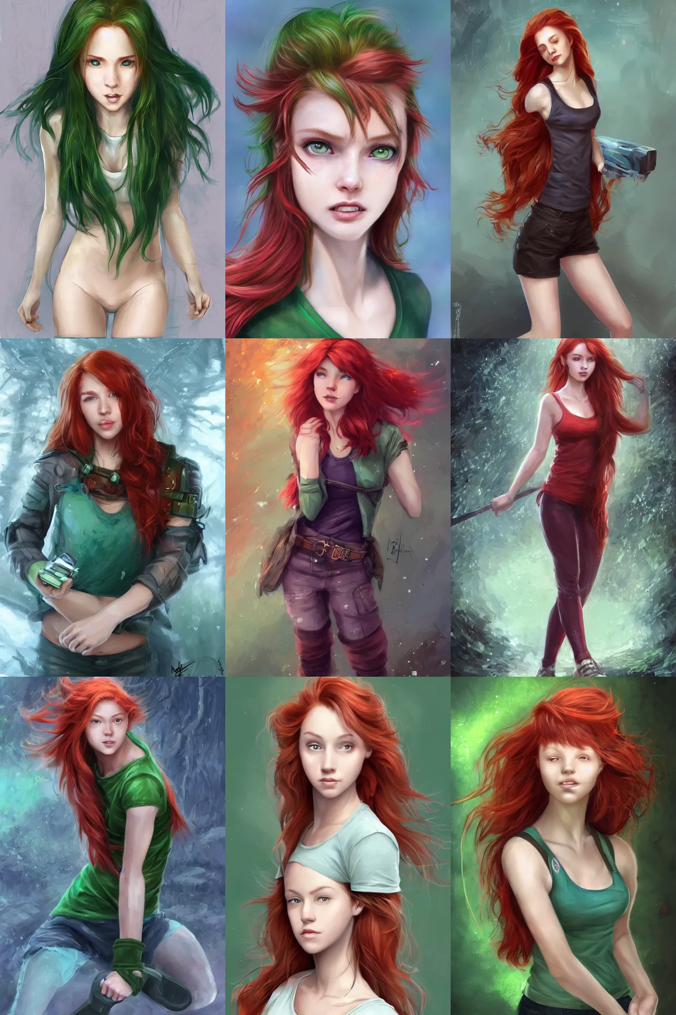Prompt: beautiful cute athletic red haired joyful and playful nineteen year old maiden in a modern city, casual green clothing, long hair, attractive face and body, rpg character, sci - fi, fantasy, intricate, elegant, digital painting, artstation, concept art, 8 k frostbite 3 engine, ultra detailed, hyperrealism, art by artgerm, magali villeneuve