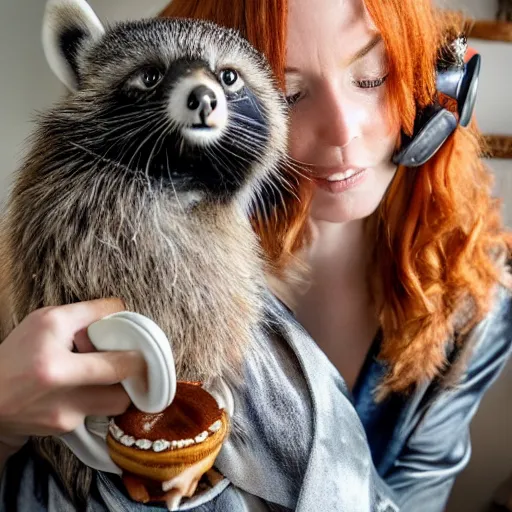 Image similar to a stunning hyper-detailed closeup portrait photo of a slender beautiful smiling woman with long ginger hair and bangs, wearing a luxurious silk robe, wearing headphones and posing with her large ginger tabby cat and her raccoon and parrots in an overstuffed easy chair in her sunlit victorian living room, holding a porcelain parrot-shaped coffee mug and a donut, perfect eyes, fashion photography, octane render, unreal engine, 85 mm lens,