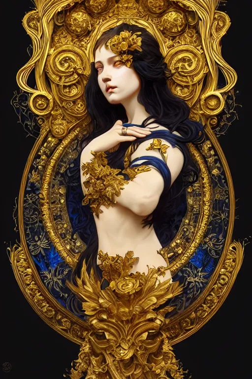 Image similar to beautiful black blue yellow, complicated gold the baroque style decoration, dark fantasy, intricate, elegant, highly detailed, digital painting, artstation, concept art, matte, 3 d 8 k octane rendered, sharp focus, illustration, octane rendered, art by artgerm and alphonse mucha, leesha hannigan