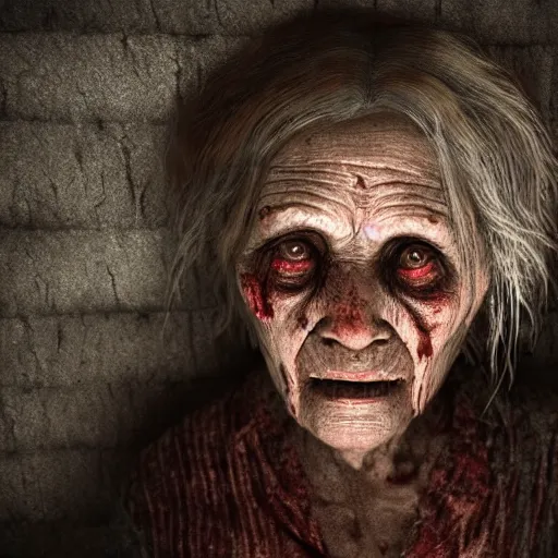 Image similar to a highly detailed photographic render of a creepy old lady, bloody, cannibal woman, cinematic lighting, cinematic scene, Volumetric lighting, Atmospheric scene, Dark, Horror, Atmospheric lighting, Global illumination cinematic render, film, beautifully lit, ray traced, octane 3D render, octane render, unreal engine