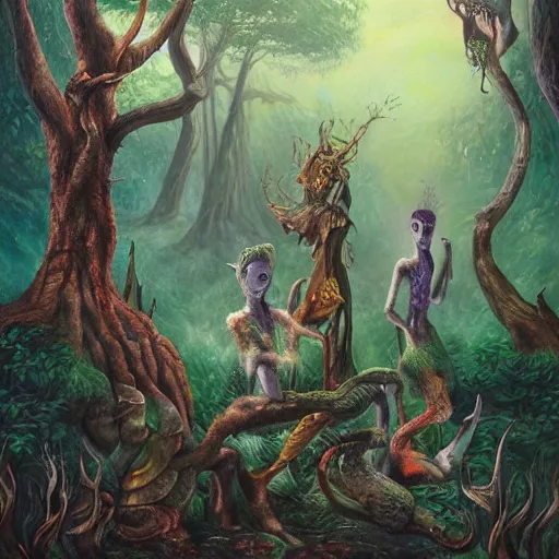 Prompt: painting of the beings of the forest, fantasy, surreal, very detailed, 8k