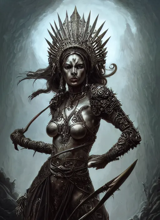 Image similar to full portrait of a warrior queen, black metal shiny skin. intricate, elegant, highly detailed, centered, digital painting, artstation, concept art, smooth, sharp focus, illustration, artgerm, tomasz alen kopera, peter mohrbacher, donato giancola, joseph christian leyendecker, wlop, frank frazetta