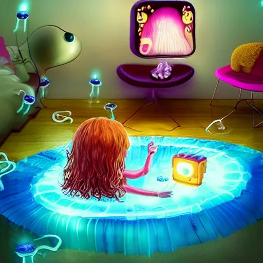 Image similar to “ cute alien floating jellyfish pet, made of electricity jelly and computer circuits, playing with adorable toddler girl, in a futuristic log cabin living room ”