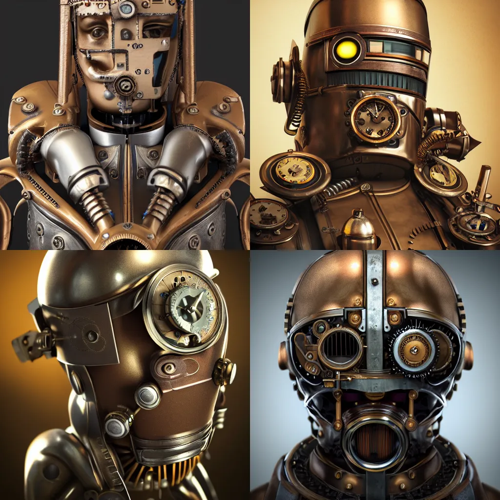 Prompt: Portrait of steampunk android, cracked porcelain face, steam, gears, product photo, high detail, realistic octane render, raytracing