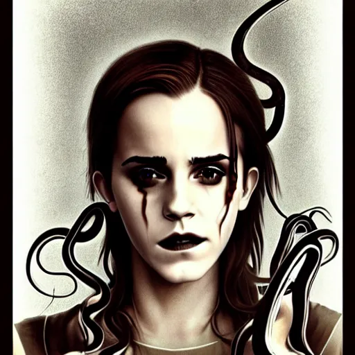 Prompt: emma watson's horror version. an unnatural abomination with long teeth, many tentacles, and gray skin. grunge, horror, dmt, dark and muted colors, detailed airbrush art, by yves klein