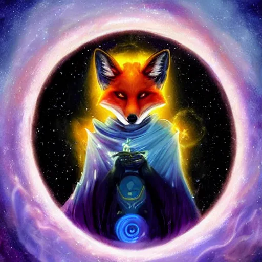 Image similar to a painted avatar portrait of an awesome cosmic powerful anthropomorphic kitsune fox mage themed around death and the stars and the cosmos, in the style of dnd beyond avatar portraits, beautiful, artistic, elegant, lens flare, magical, lens flare, nature, realism, stylized, art by jeff easley