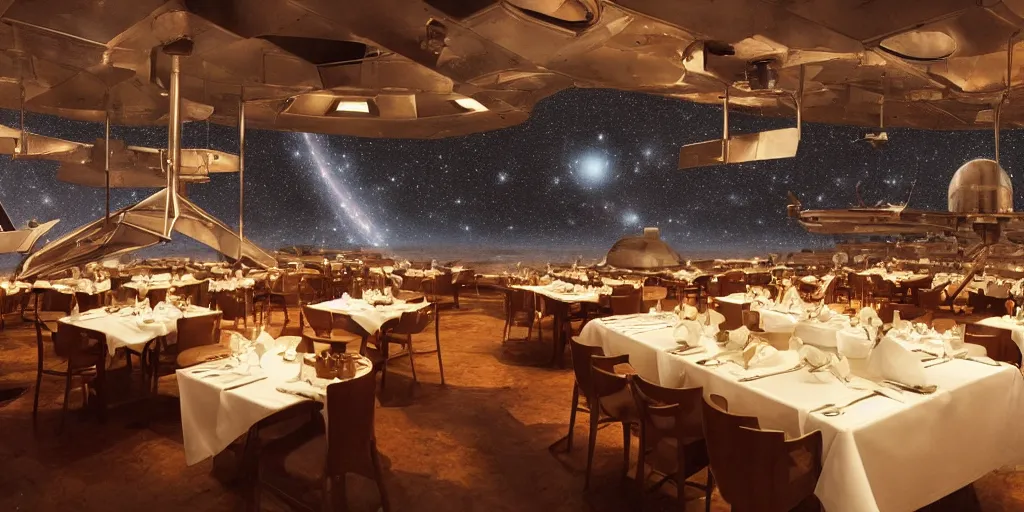 Prompt: a scenic view of the restaurant at the end of the universe, interstellar, Hubble, 1950's style restaurant, cinematic,