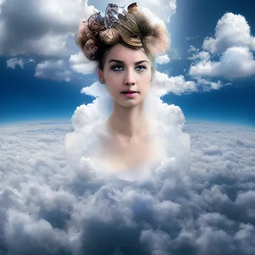 Prompt: goddess wearing a cloud fashion on the clouds, photoshop, colossal, creative, giant, digital art, photo manipulation, clouds, sky view from the airplane window, covered in clouds, girl clouds, on clouds, covered by clouds, a plane