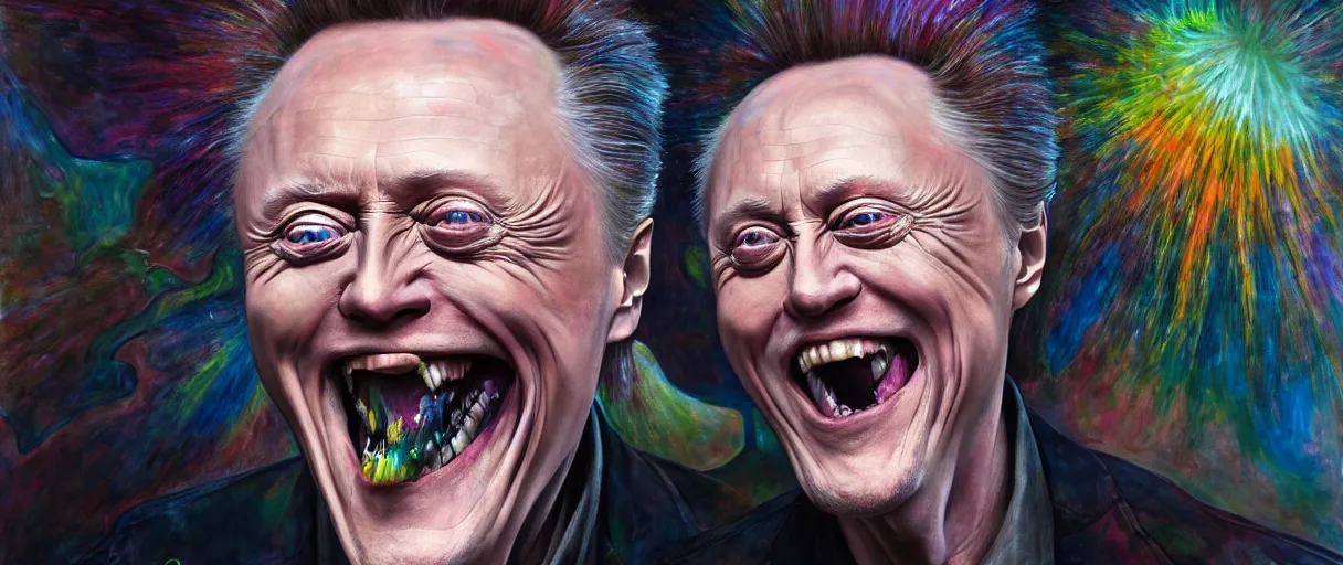 Image similar to abstract hyperrealist painting of christopher walken laughing at me concept art wayne barlowe hannah yata very dramatic lighting 8k wide angle shallow depth of field