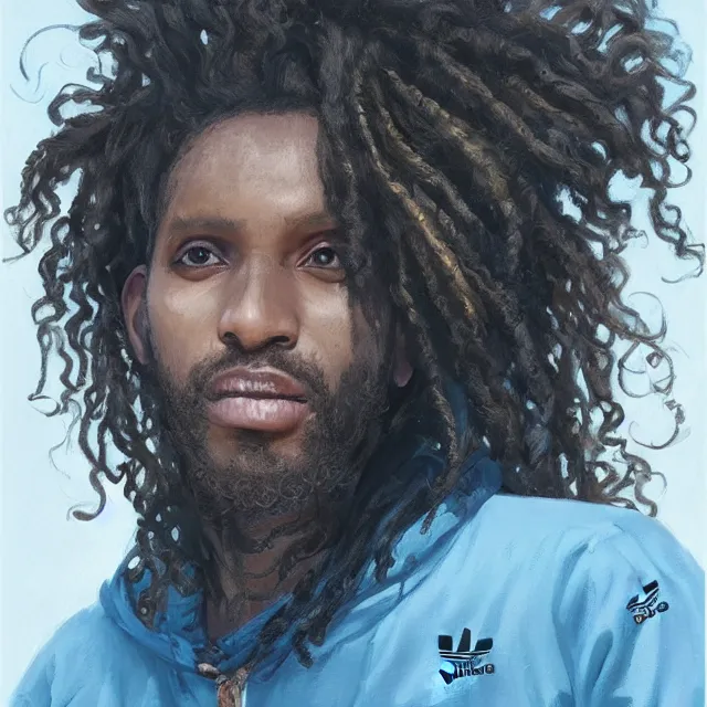 Image similar to a somali man with long curly hair, wearing adidas clothing, anime style, portrait, elegant, intricate, digital painting, artstation, concept art, smooth, sharp focus, illustration, art by konstantin korovin and daniel f. gerhartz and john howe