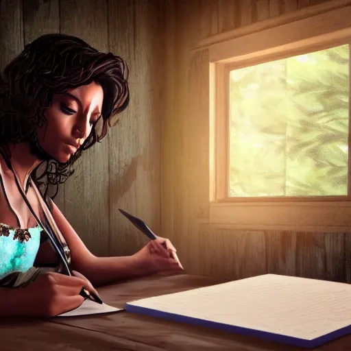 Image similar to a brown female author writing a book in a cottage in the woods, detailed digital art, trending on artstation, realistic! 8k