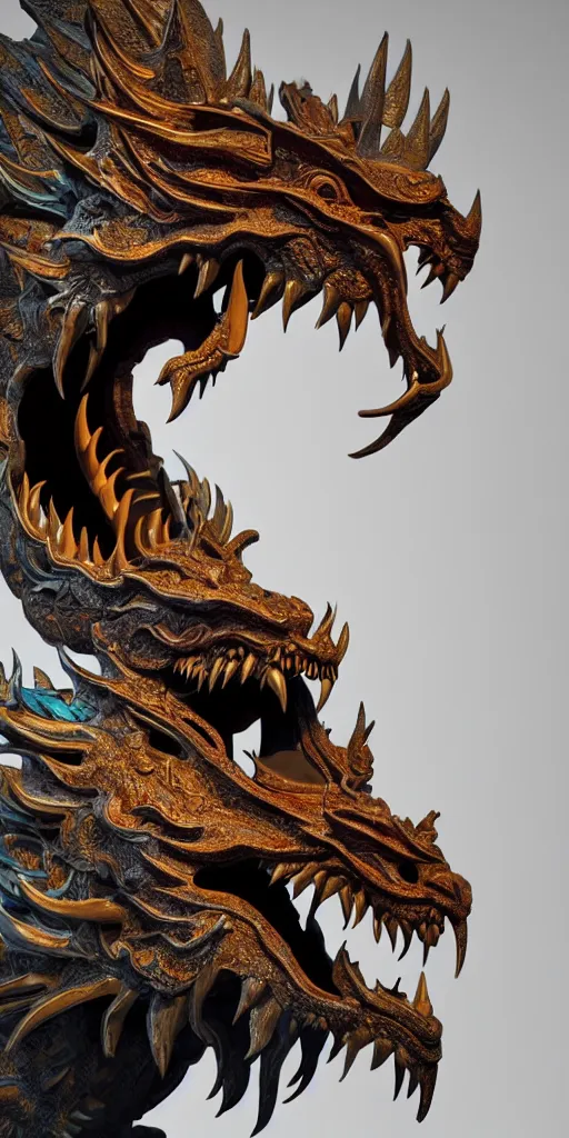 Image similar to a beautiful delicate huge mega chinese dragon head, solid background, electron flow, android, mechanical, metal, model design, fine texture structure, hyper detailed, perfect shadows, atmospheric lighting, 3 d render, in the style of pascal blanche and sparth juan zigor samaniego, paul pepera pablo roldan, displayed in the exhibition hall, 4 k hd