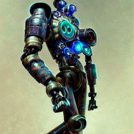 Image similar to low angle shot of a cyberpunk gazmask robot character with blue eyes, front shot, intricate, elegant, highly detailed, centered, digital painting, artstation, concept art, smooth, sharp focus, illustration, artgerm, Tomasz Alen Kopera, Peter Mohrbacher, donato giancola, Joseph Christian Leyendecker, WLOP, Boris Vallejo