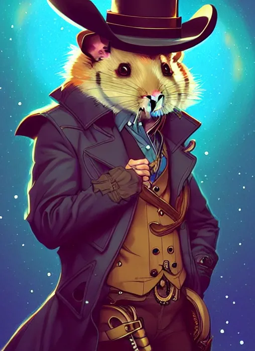 Image similar to style artgerm, joshua middleton, illustration, anthropomorphic hamster as cowboy steampunk aristocrat, blue fur, swirling water cosmos, fantasy, dnd, cinematic lighting, collectible card art