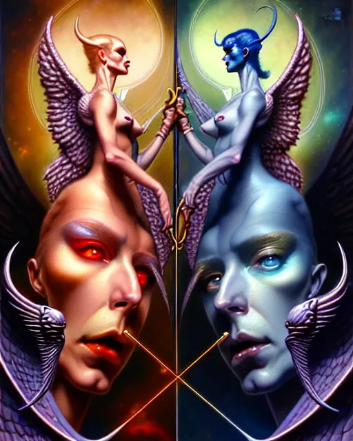 Image similar to a portrait of gemini angel and devil fantasy character portrait facing each other, ultra realistic, wide angle, intricate details, the fifth element artifacts, highly detailed by peter mohrbacher, hajime sorayama, wayne barlowe, boris vallejo, aaron horkey, gaston bussiere, craig mullins