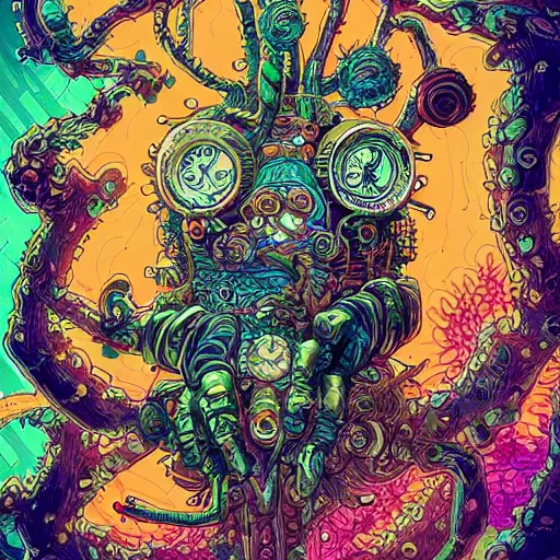 Image similar to creature sushi roots cactus elemental flush of force nature micro world fluo light deepdream a wild amazing steampunk baroque ancient alien creature, intricate detail, colorful digital painting that looks like it is from borderlands and by feng zhu and loish and laurie greasley, victo ngai, andreas rocha, john harris