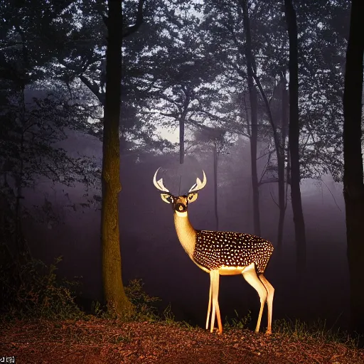 Image similar to a beautiful spotted deer in the woods lit by the morning sky, sunrise, chital, photorealistic, by annie leibovitz and steve mccurry, natural light, canon eos c 3 0 0, ƒ 1. 8, 3 5 mm, 8 k, medium - format print