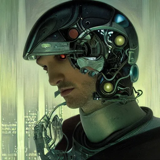 Image similar to portrait of a 5 0 year old husky male android, coy, circuitry visible in head, in the style of ex machina, karol bak, alphonse mucha, greg rutkowski, award winning, hr giger, artstation