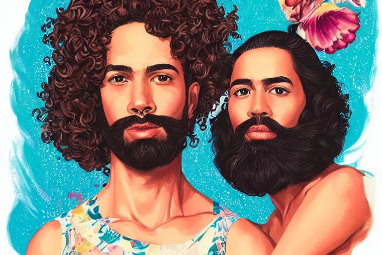 Prompt: hispanic girl medium length curly hair, and a bearded mixed race man with short curly hair, tristan eaton, victo ngai, artgerm, rhads, ross draws