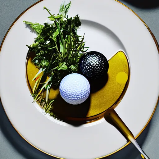 Image similar to a michelin star plate with golf balls, award winning food photography, ambient light