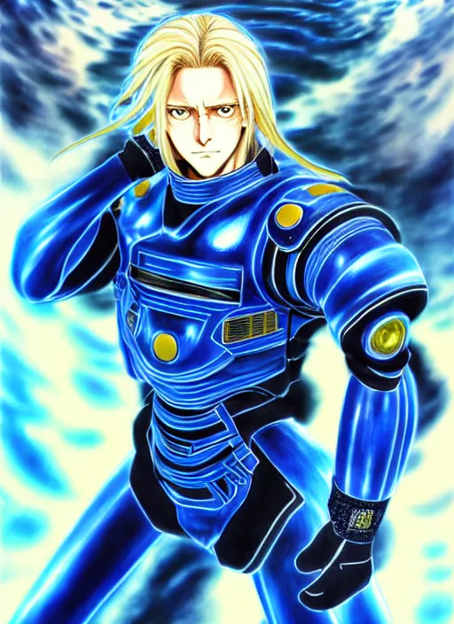 Image similar to a detailed manga full body portrait illustration of a man with long blonde hair and blue eyes wearing a sci - fi battle suit by hirohiko araki, detailed artwork, realism, 4 k resolution, detailed, high quality, sharp focus, hq artwork, insane detail, volumetric lighting, character concept art, fine details, clear subject, central subject