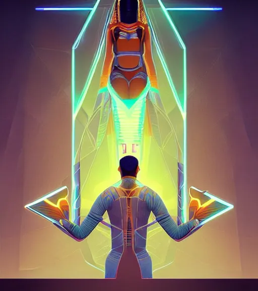 Image similar to symmetry!! egyptian prince of technology, solid cube of light, hard edges, product render retro - futuristic poster scifi, lasers and neon circuits, brown skin man egyptian prince, intricate, elegant, highly detailed, digital painting, artstation, concept art, smooth, sharp focus, illustration, dreamlike, art by artgerm