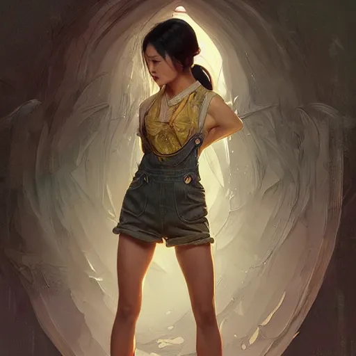 Image similar to a fierce yet beautiful Asian woman wearing overalls, highly detailed, digital painting, artstation, concept art, sharp focus, illustration, cinematic lighting, art by artgerm and greg rutkowski and alphonse mucha