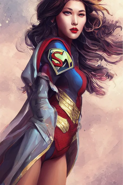 Image similar to three quarters portrait of a beautiful woman,super hero costume,heroic pose,highly detailed, digital painting,illustration, art by Stanley Lau