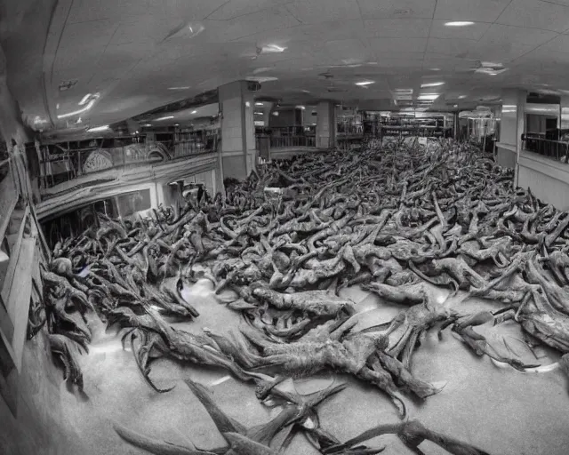 Prompt: camera footage of a Hundreds of Rabid Zerg in an abandoned shopping mall, high exposure, dark, monochrome, camera, grainy, CCTV, security camera footage, timestamp, zoomed in, fish-eye lens, Evil, Zerg, Brood Spreading, horrifying, lunging at camera :4