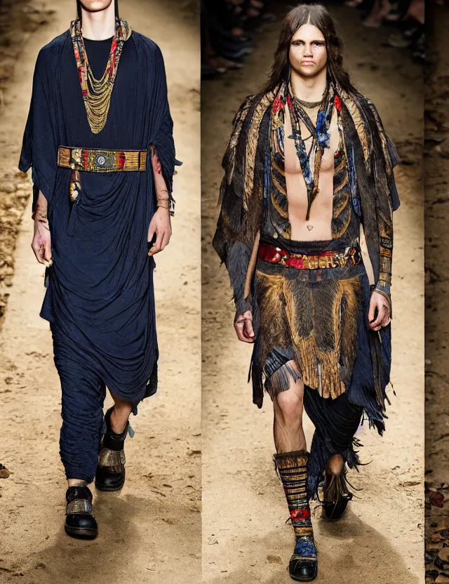 Prompt: longshot modern intricate textile ancient roman toga cloak nature native american chiseled chin walking along the small creek in the woods marc jacobs gucci black blue gold